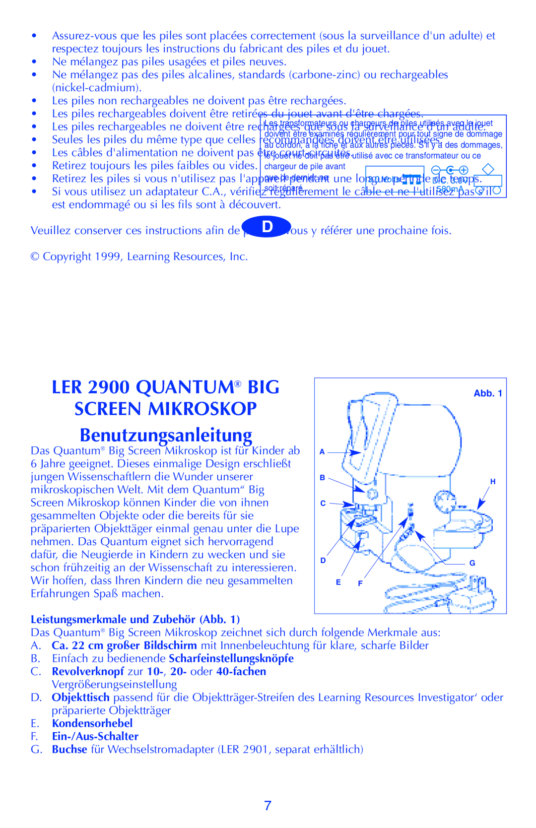 Quantum manual LER 2900 Quantum BIG, Leistungsmerkmale und Zubehör Abb, Kondensorhebel Ein-/Aus-Schalter 