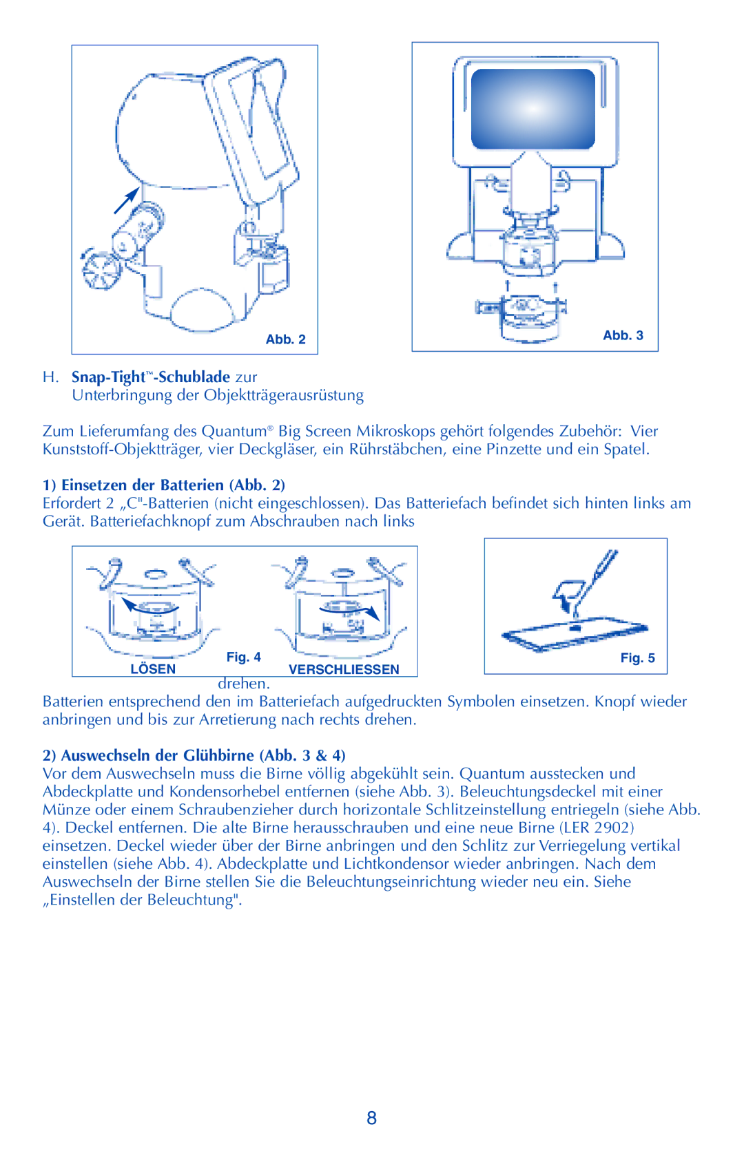 Quantum LER 2900 manual Einsetzen der Batterien Abb, Auswechseln der Glühbirne Abb 