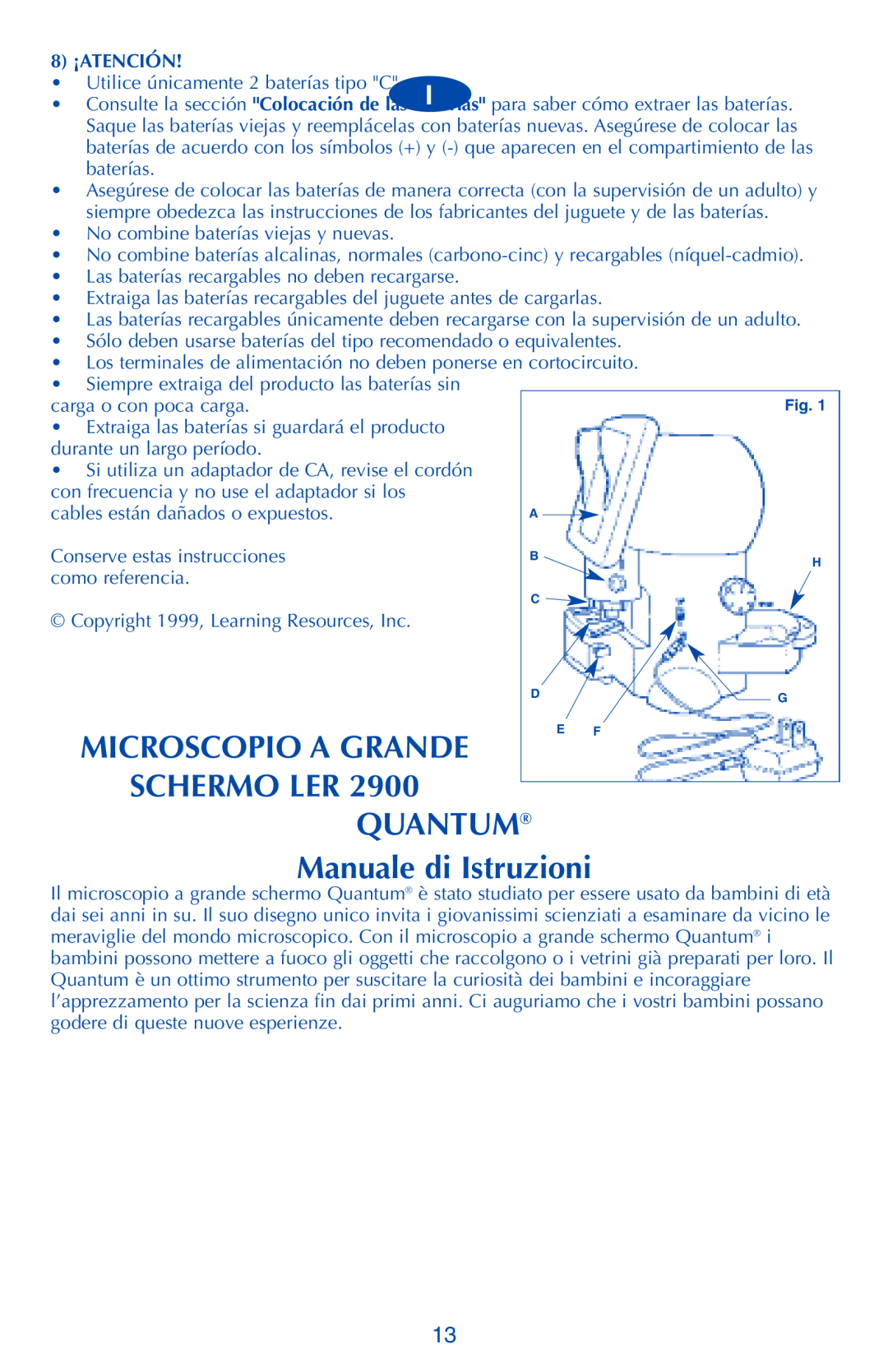 Quantum LER 2900 manual Microscopio A Grande, SCHERMO LER QUANTUM Manuale di Istruzioni, 8 ¡ATENCIÓN, como referencia 