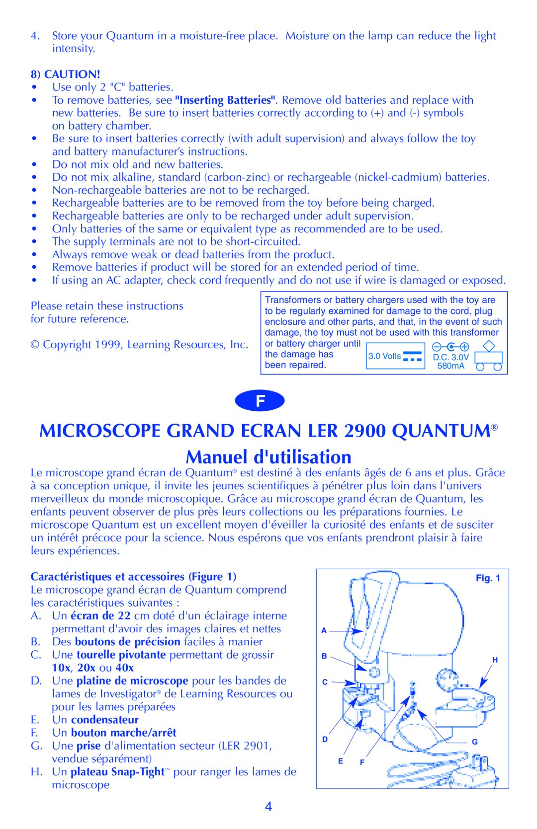Quantum MICROSCOPE GRAND ECRAN LER 2900 QUANTUM Manuel dutilisation, Caution, Caractéristiques et accessoires Figure 