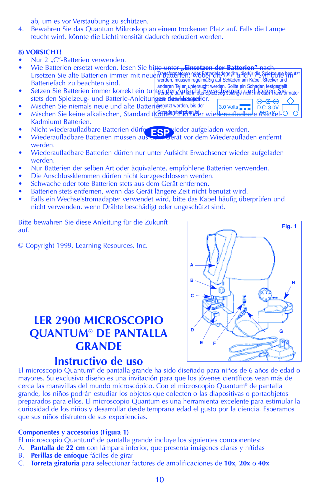 Quantum LER 2900 Instructivo de uso, Vorsicht, Componentes y accesorios Figura, B. Perillas de enfoque fáciles de girar 