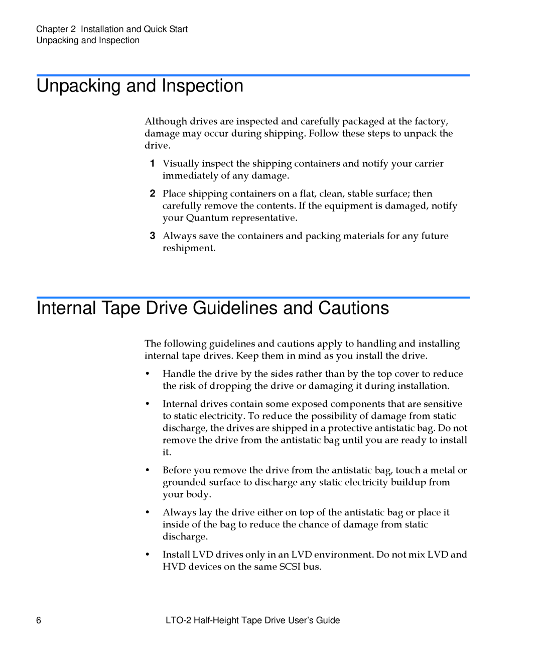 Quantum LTO-2 manual Unpacking and Inspection, Internal Tape Drive Guidelines and Cautions 