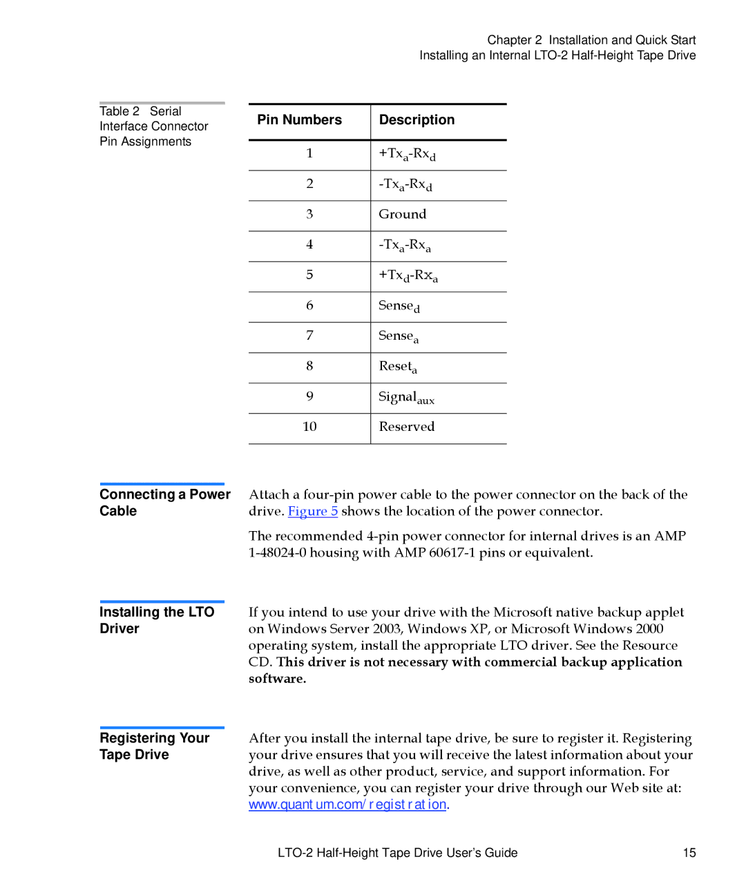 Quantum LTO-2 Pin Numbers Description, Connecting a Power, Cable, Installing the LTO Driver, Registering Your Tape Drive 