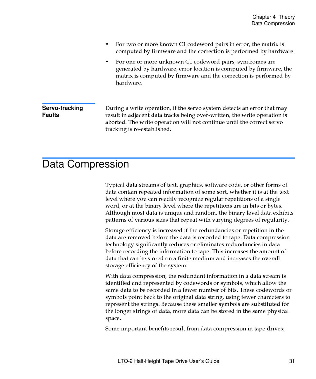 Quantum LTO-2 manual Data Compression, Servo-tracking, Faults, Tracking is re-established 