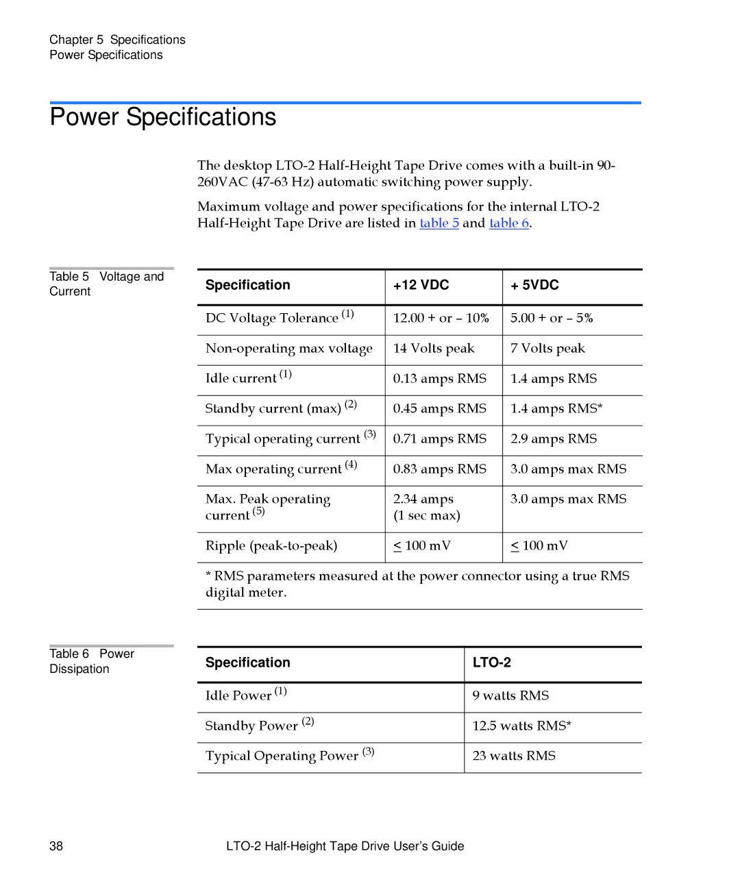 Quantum LTO-2 manual Power Specifications, Specification +12 VDC + 5VDC 