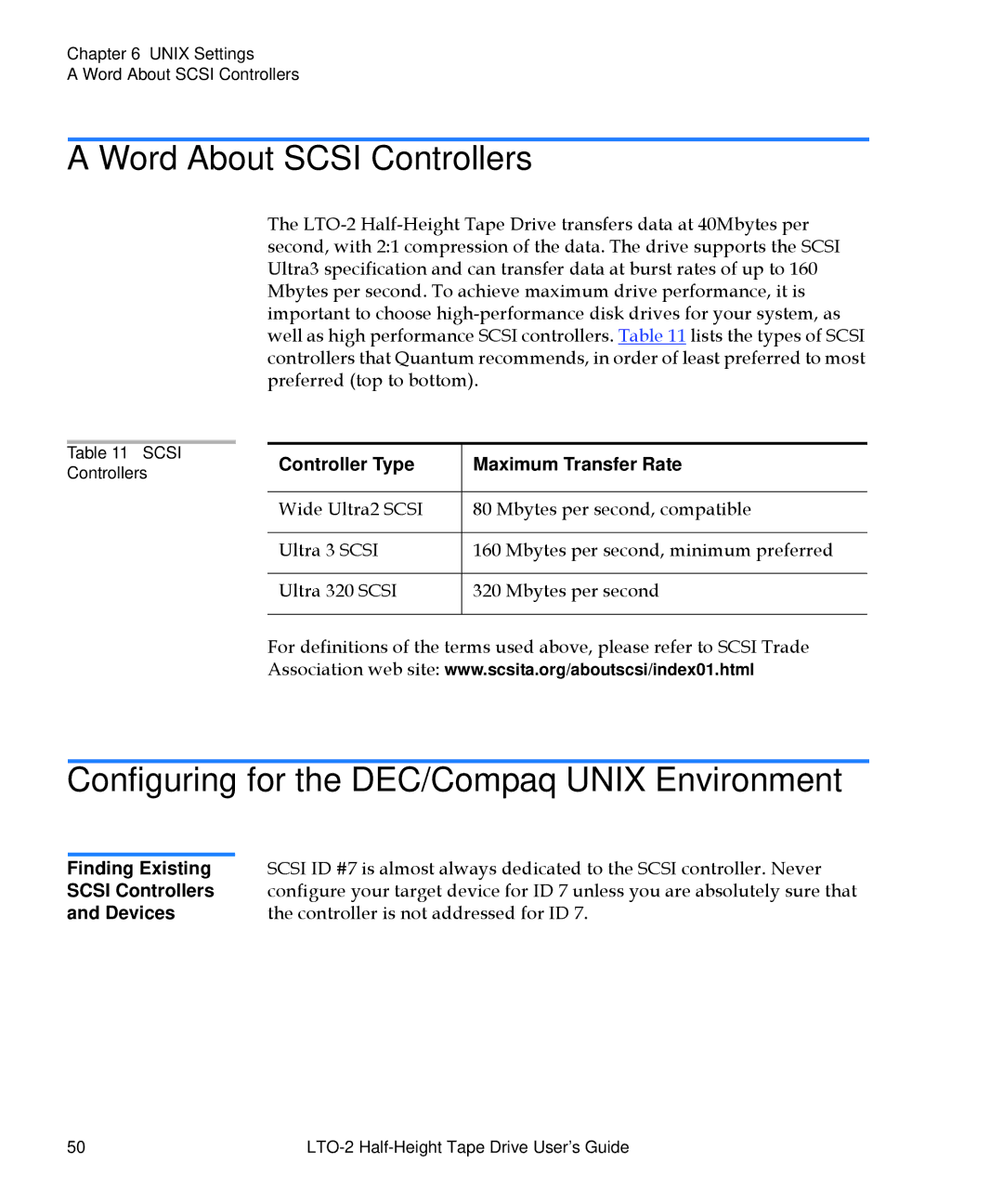 Quantum LTO-2 manual Word About Scsi Controllers, Configuring for the DEC/Compaq Unix Environment 