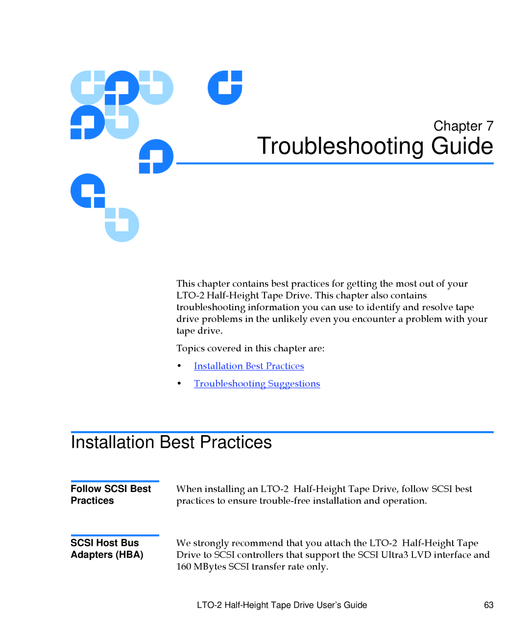 Quantum LTO-2 manual 7Troubleshooting Guide, Installation Best Practices 