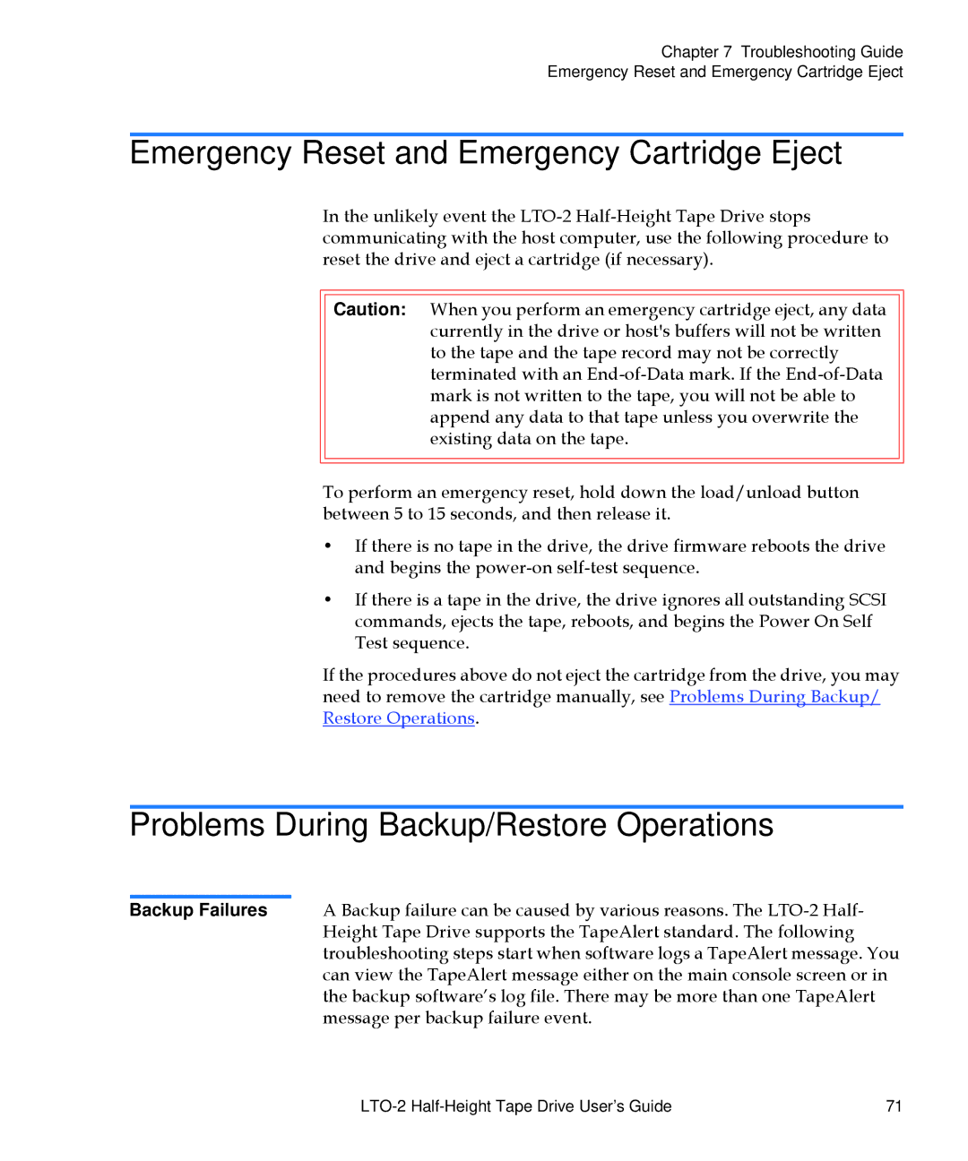 Quantum LTO-2 manual Emergency Reset and Emergency Cartridge Eject, Problems During Backup/Restore Operations 