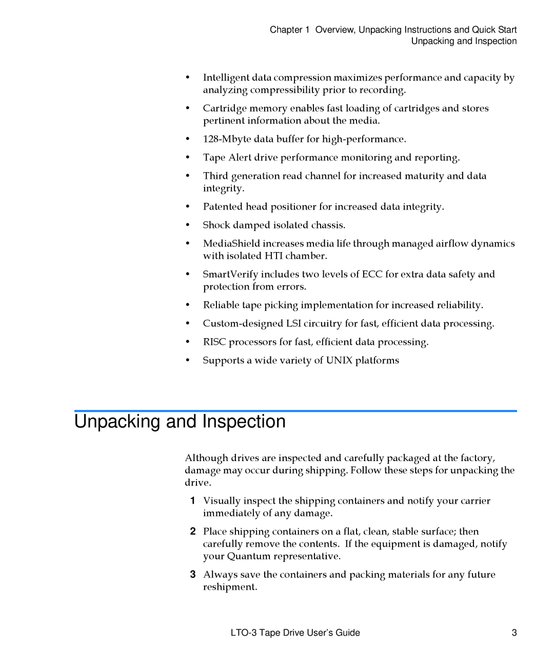 Quantum LTO-3 manual Unpacking and Inspection 