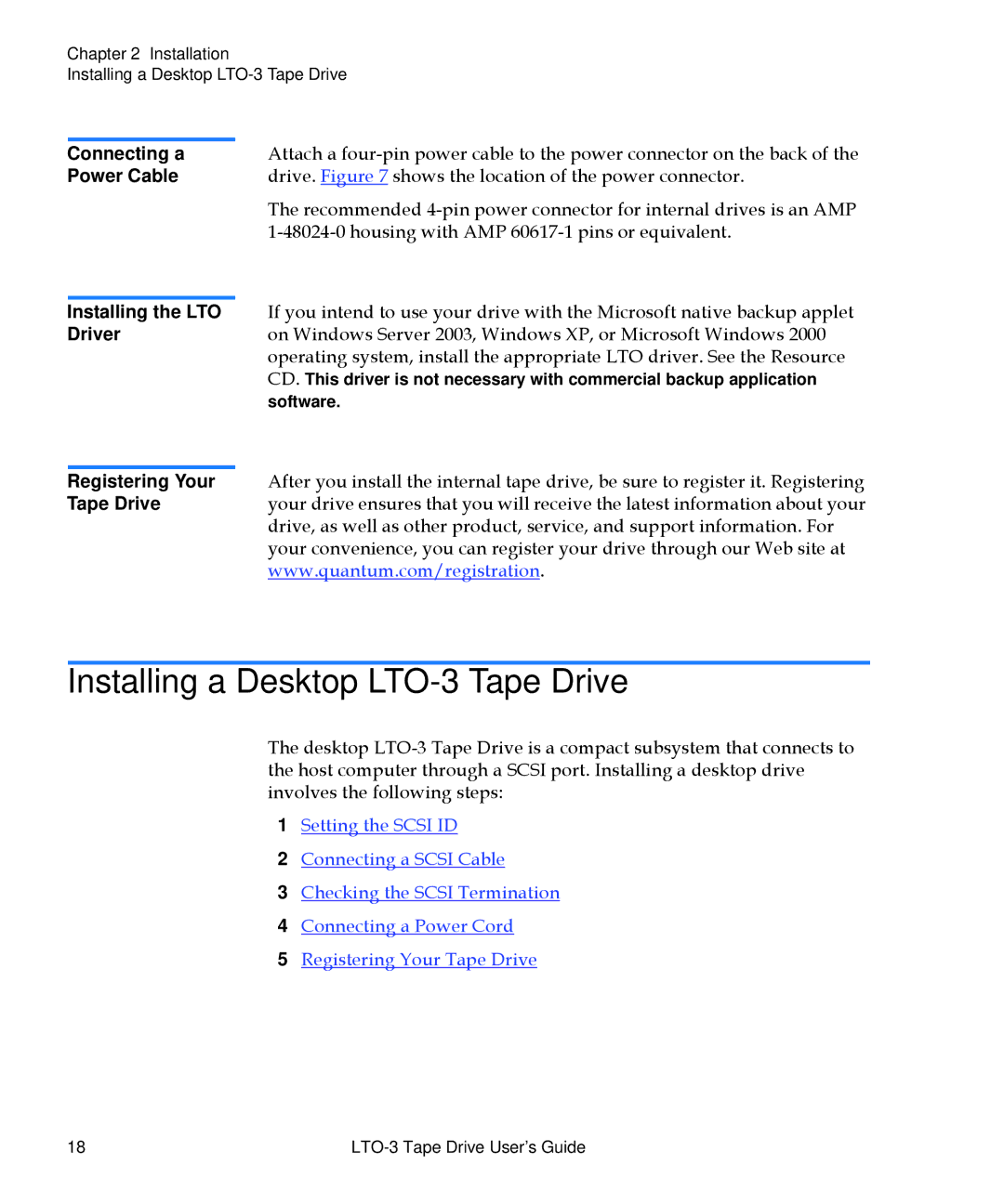 Quantum manual Installing a Desktop LTO-3 Tape Drive, Connecting a Power Cable Installing the LTO Driver 