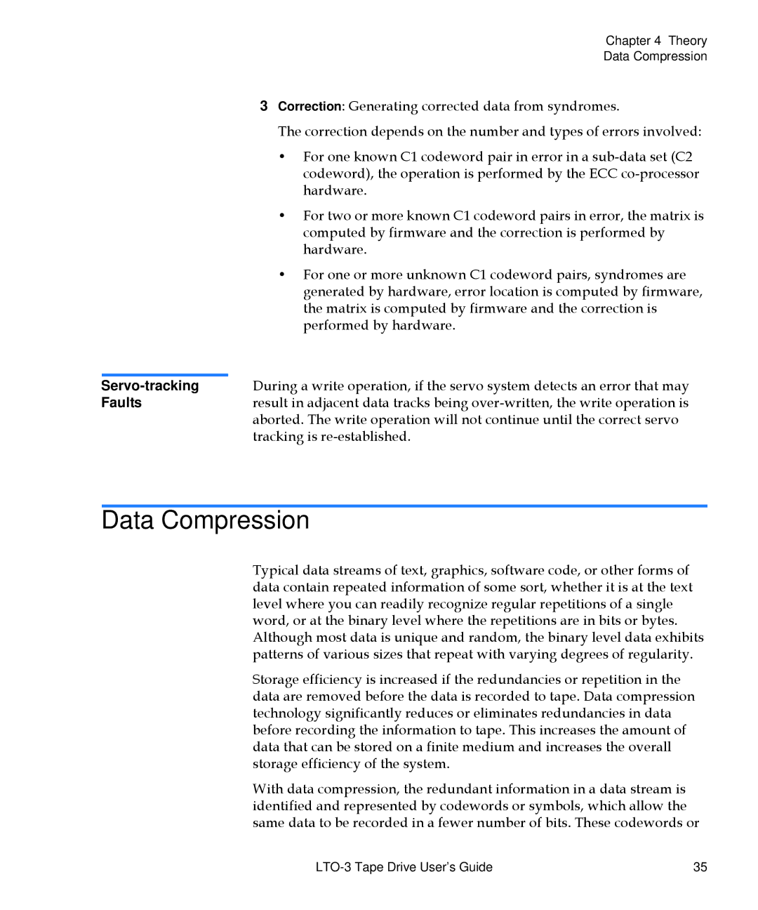 Quantum LTO-3 manual Data Compression, Servo-tracking, Faults 