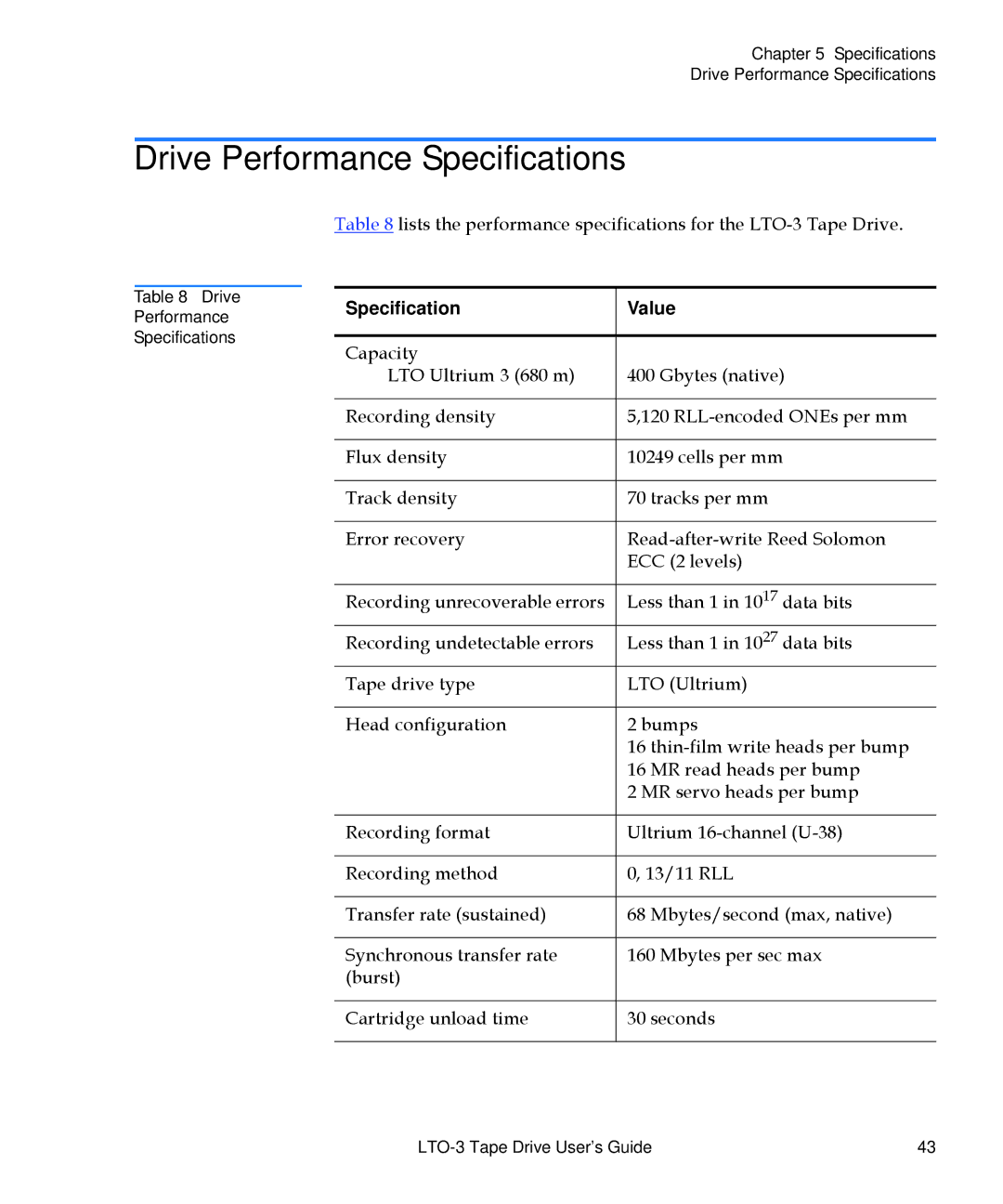 Quantum LTO-3 manual Drive Performance Specifications, Specification Value 