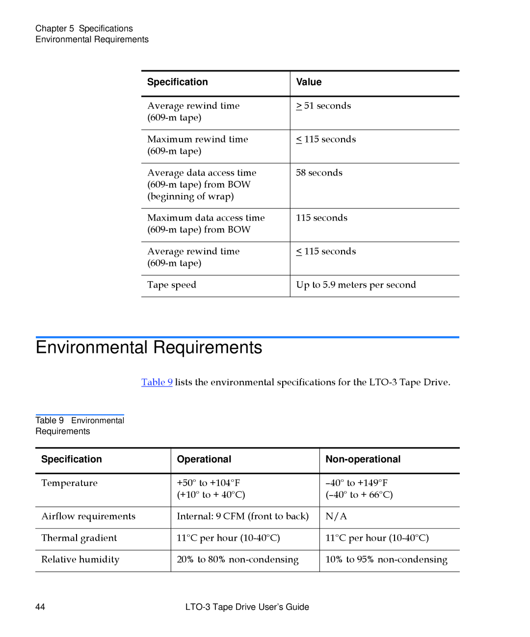 Quantum LTO-3 manual Environmental Requirements, Specification Operational Non-operational 