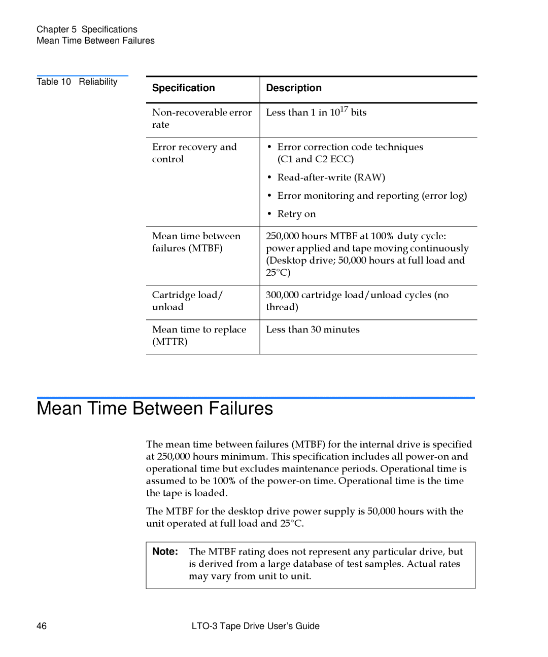 Quantum LTO-3 manual Mean Time Between Failures, Specification Description 