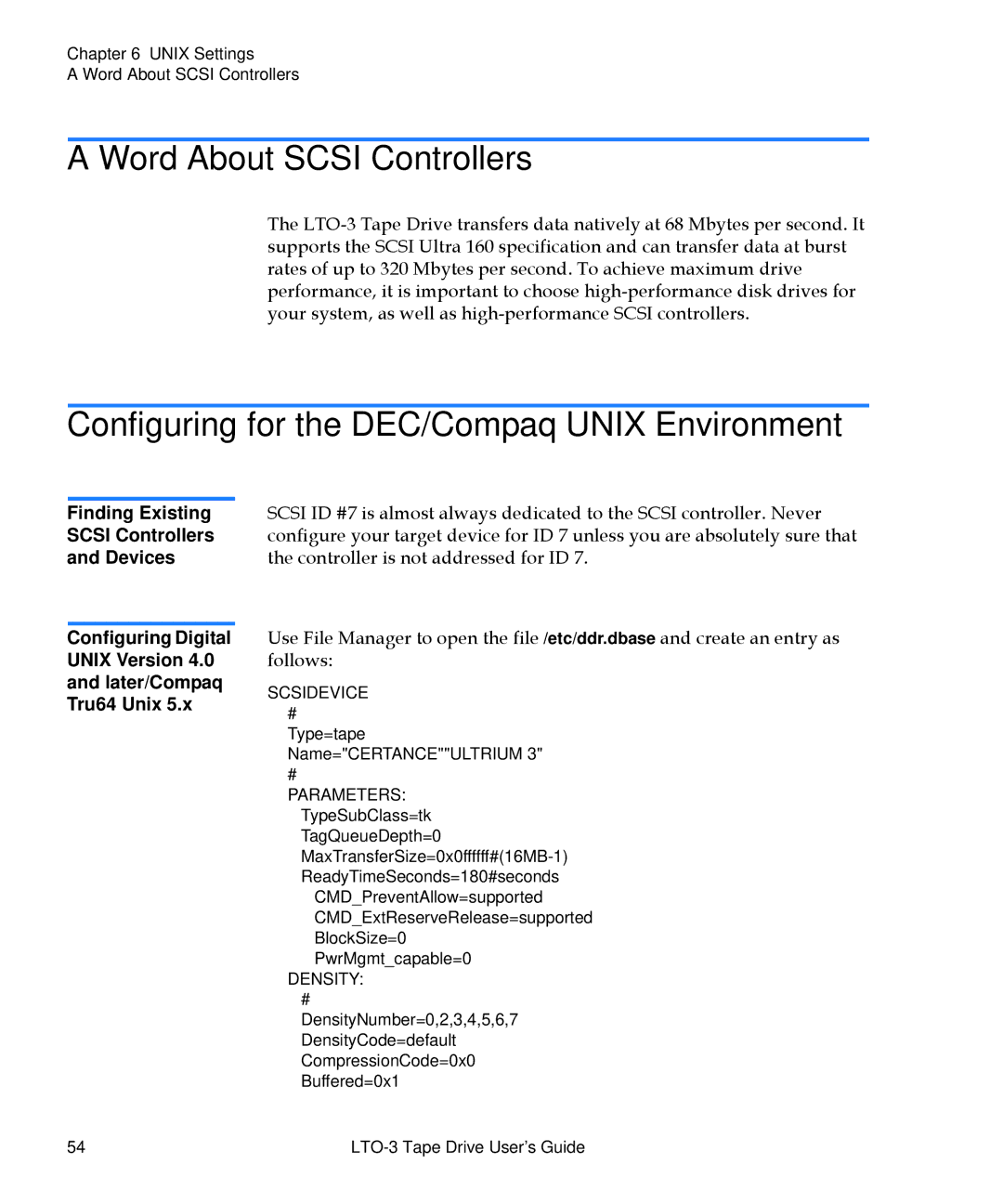 Quantum LTO-3 manual Word About Scsi Controllers, Configuring for the DEC/Compaq Unix Environment 