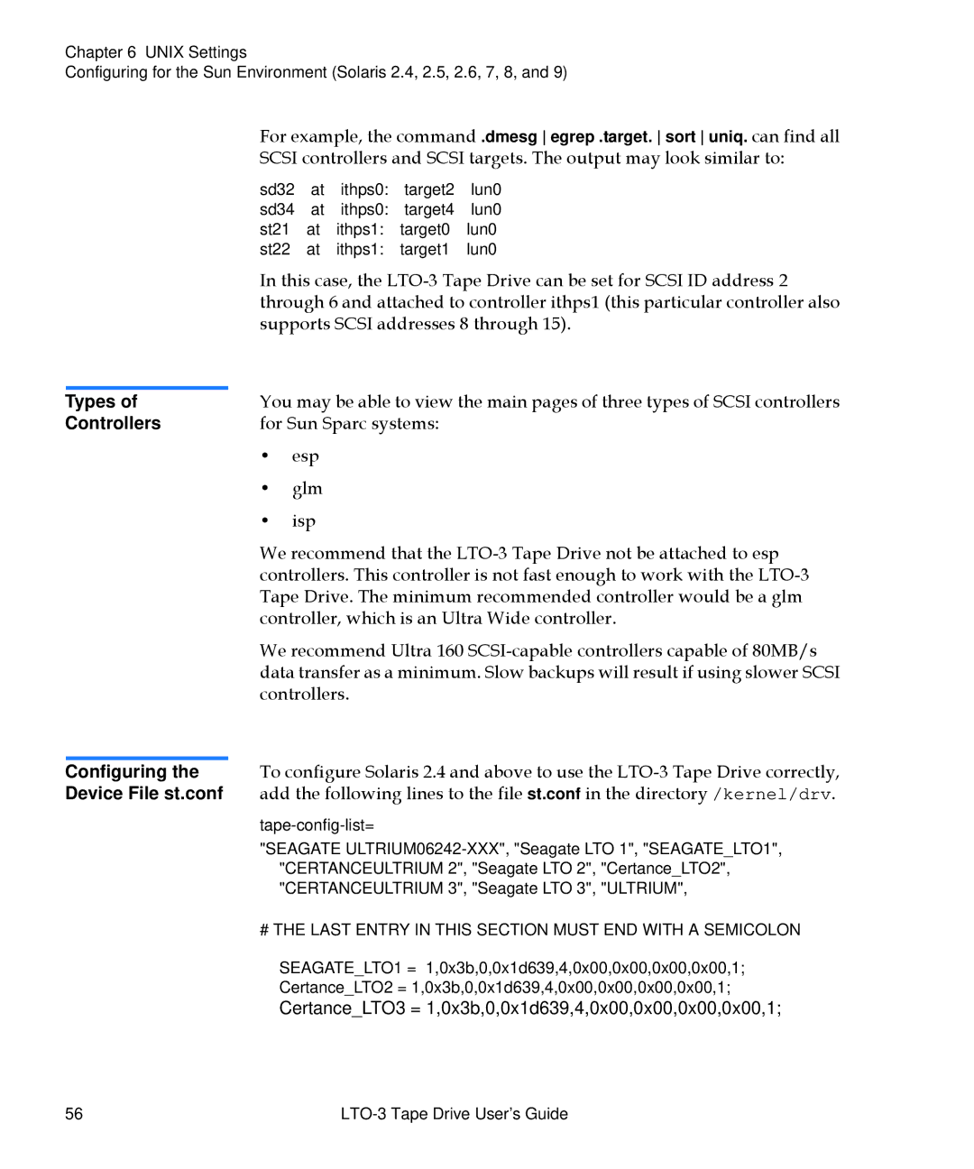 Quantum LTO-3 manual Types, Controllers, Configuring, Device File st.conf 