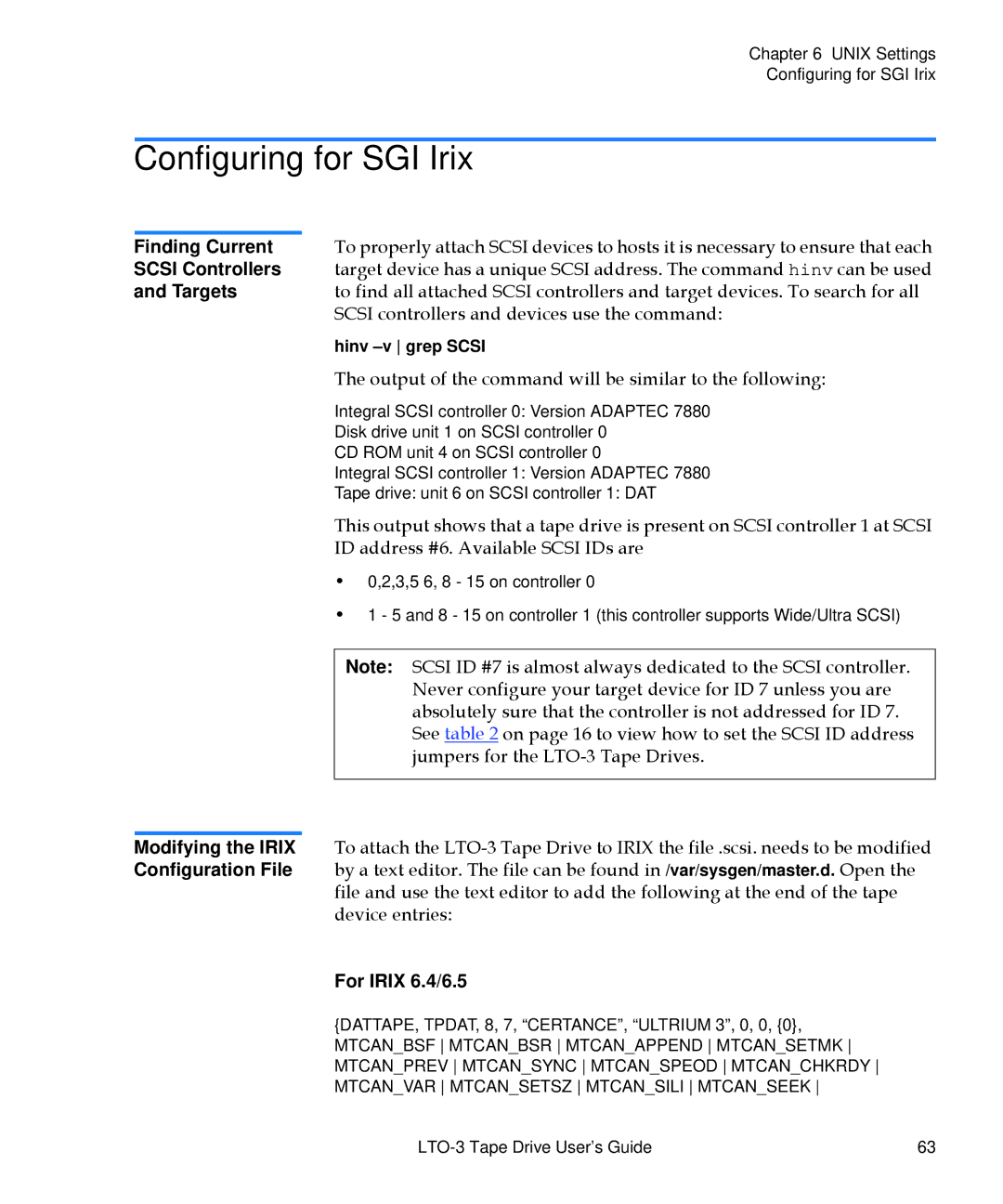 Quantum LTO-3 manual Configuring for SGI Irix, For Irix 6.4/6.5 