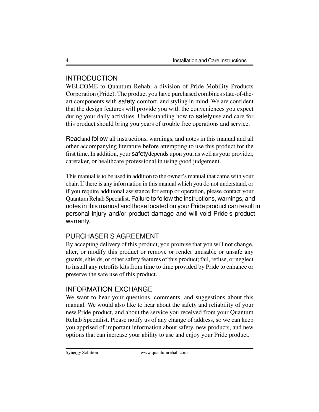 Quantum none manual Introduction, PURCHASER’S Agreement, Information Exchange 