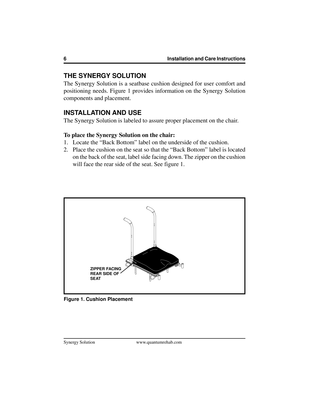 Quantum none manual Installation and USE, To place the Synergy Solution on the chair 