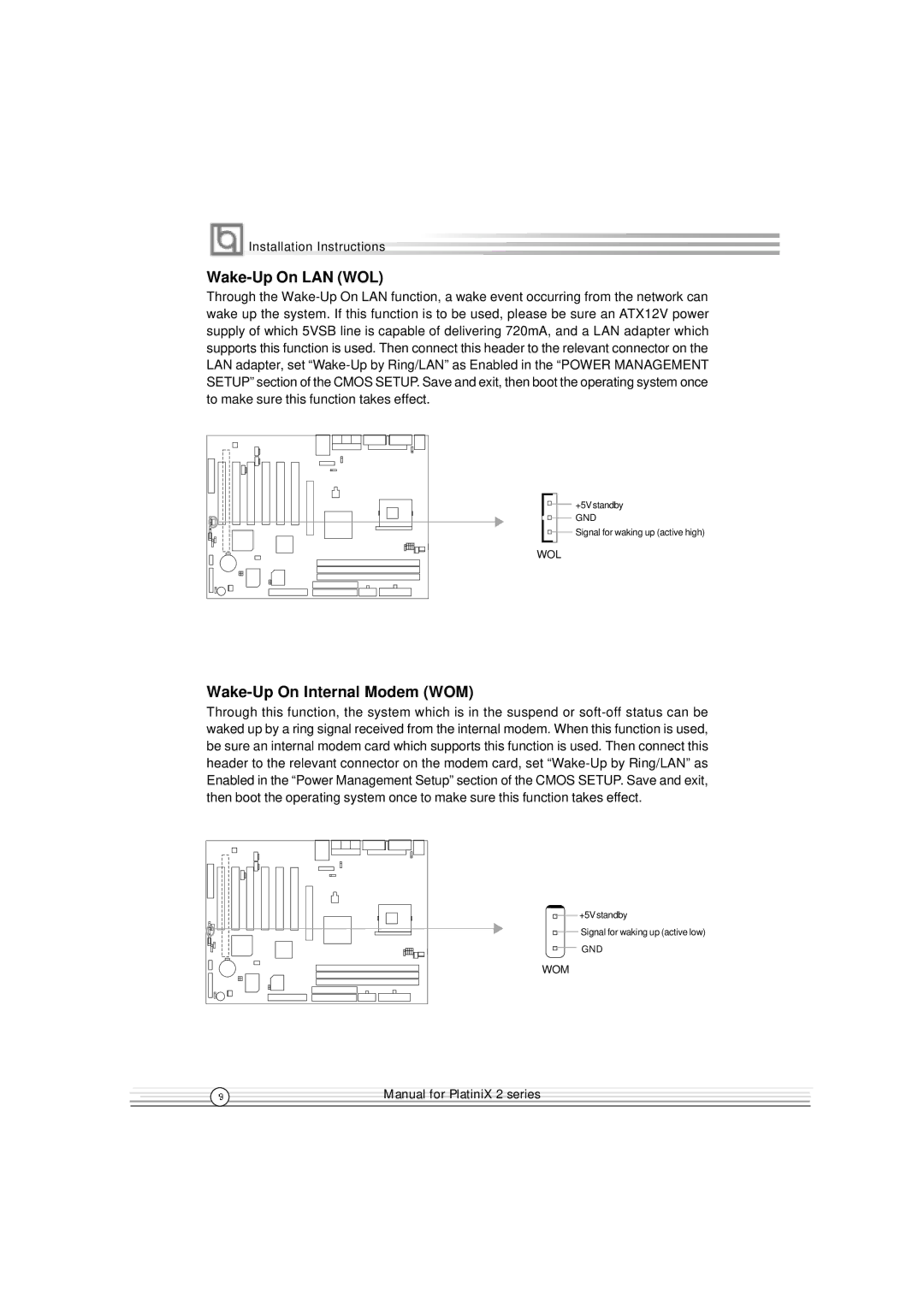 Quantum PlatiniX 2 manual Wake-Up On LAN WOL, Wake-Up On Internal Modem WOM 