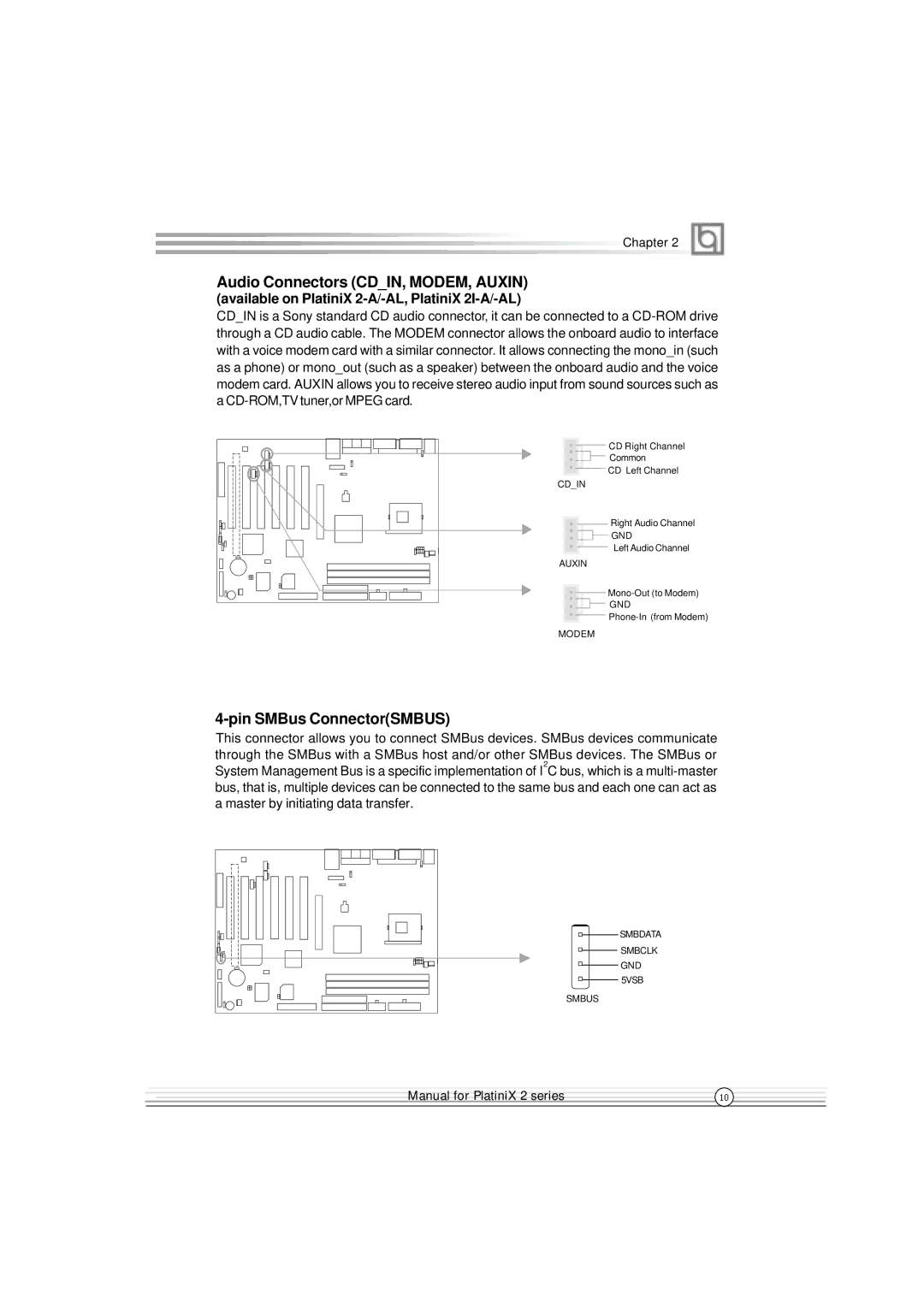 Quantum PlatiniX 2 manual Audio Connectors CDIN, MODEM, Auxin, Pin SMBus ConnectorSMBUS 