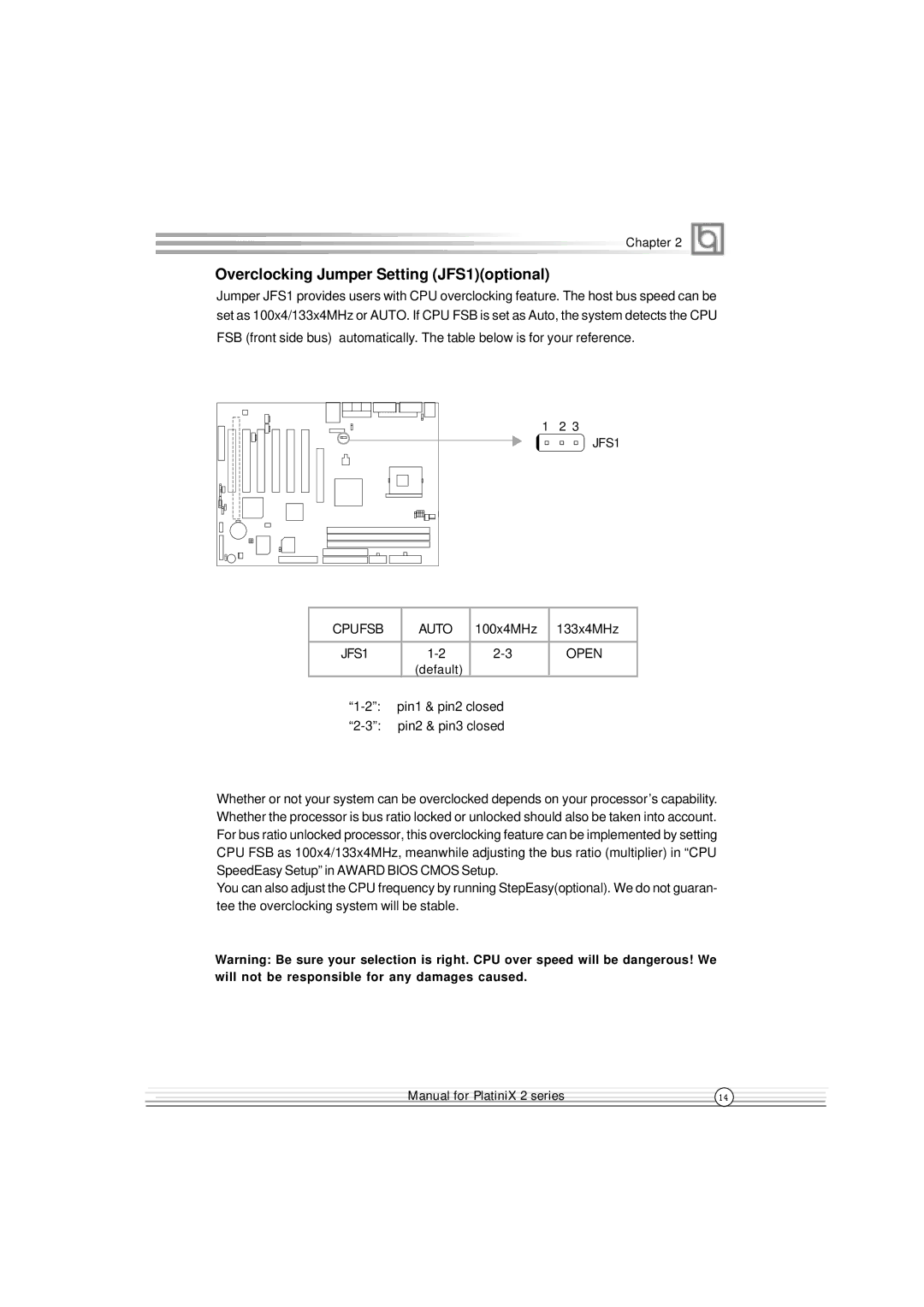 Quantum PlatiniX 2 manual Overclocking Jumper Setting JFS1optional, JFS1 Open 