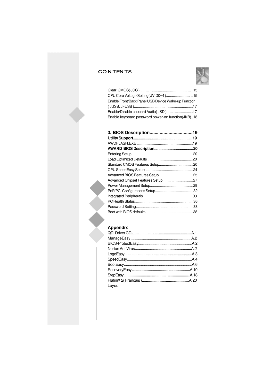 Quantum PlatiniX 2 manual Appendix, Bios Description, QDI Driver CD ManageEasy BIOS-ProtectEasy Norton AntiVirus 