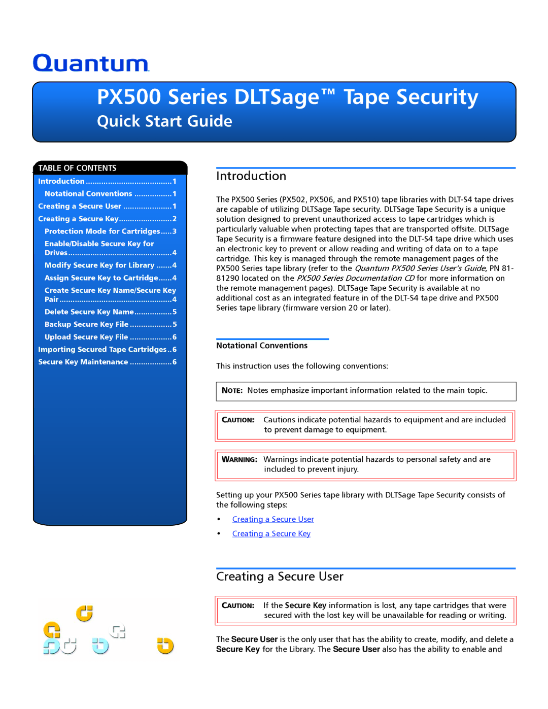 Quantum PX500 Series quick start Introduction, Creating a Secure User, Notational Conventions 