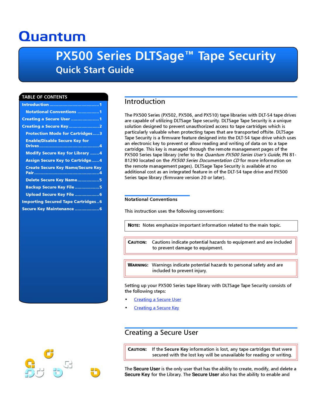 Quantum PX500 Series quick start Introduction, Creating a Secure User Creating a Secure Key, Quick Start Guide 