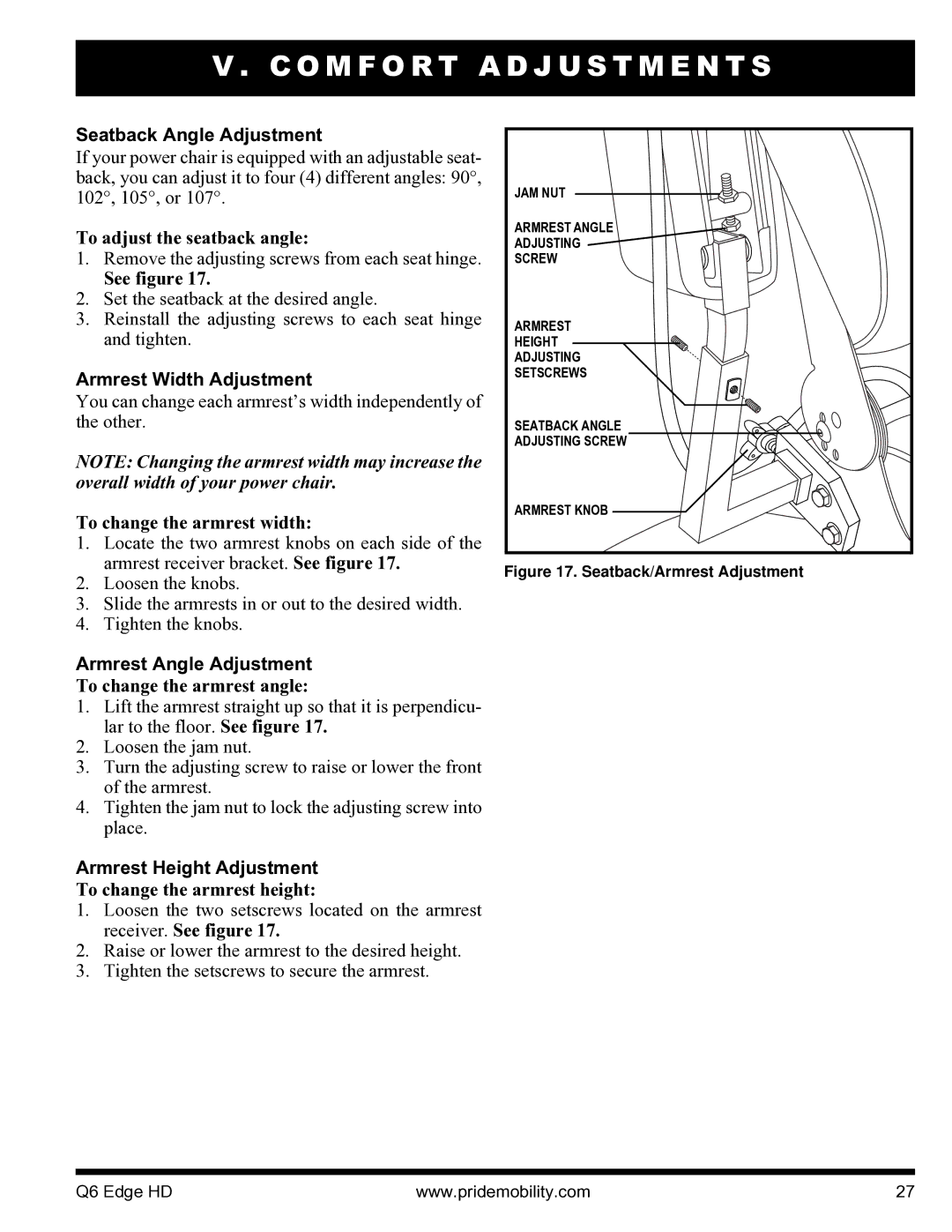 Quantum Q6 Edge HD manual Seatback Angle Adjustment, Armrest Width Adjustment, Armrest Angle Adjustment 