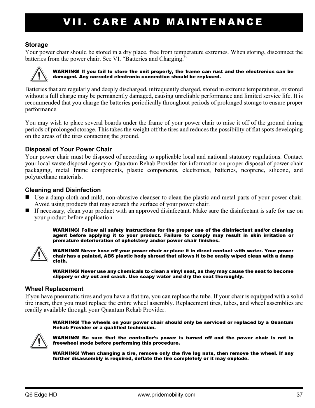 Quantum Q6 Edge HD manual Storage, Disposal of Your Power Chair, Cleaning and Disinfection, Wheel Replacement 