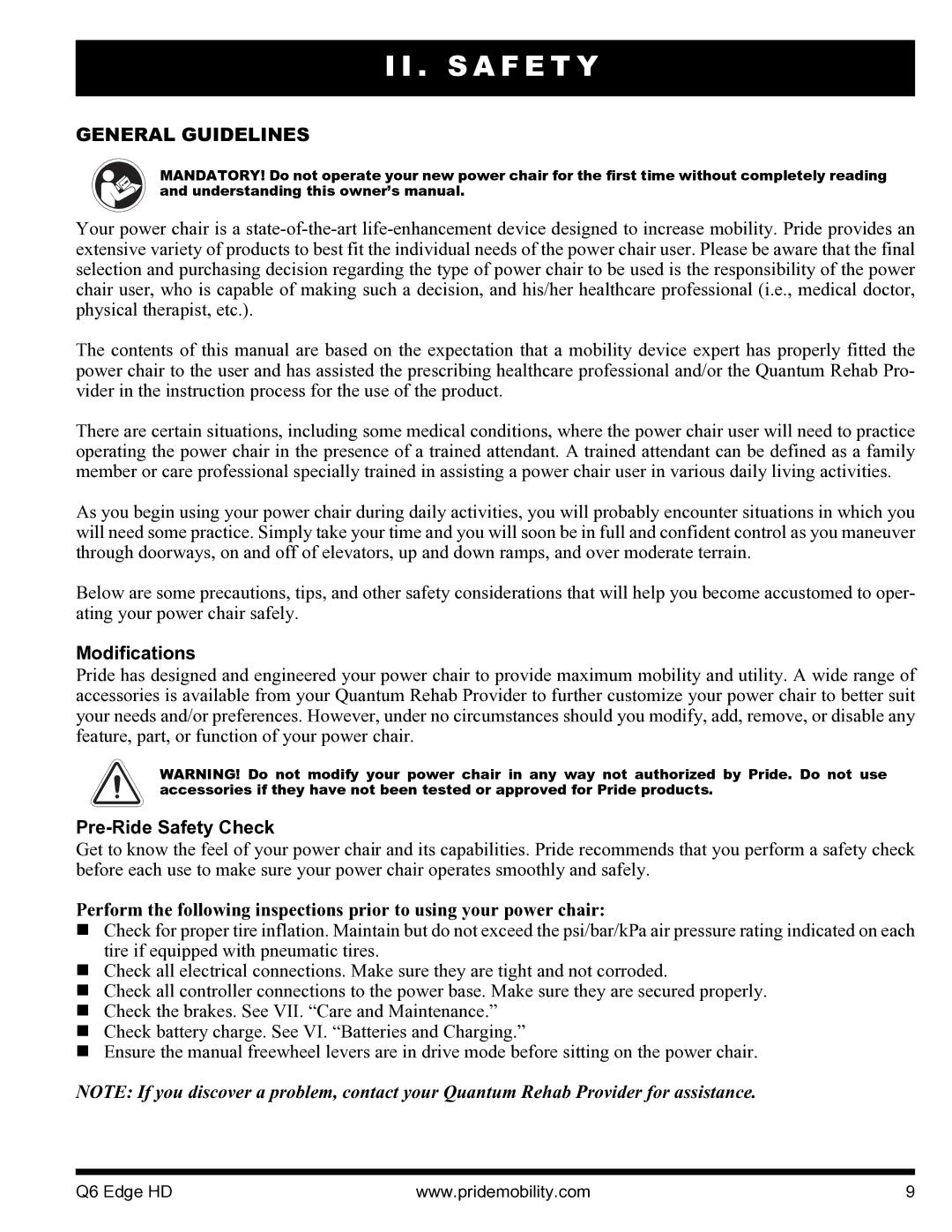 Quantum Q6 Edge HD manual General Guidelines, Modifications, Pre-Ride Safety Check 