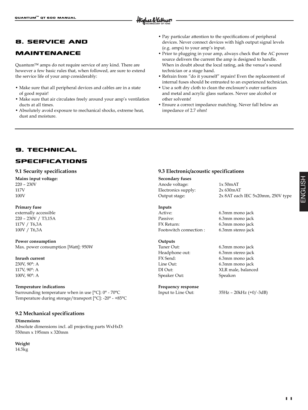 Quantum QT600 manual Service and maintenance, Technical specifications, Mechanical specifications 