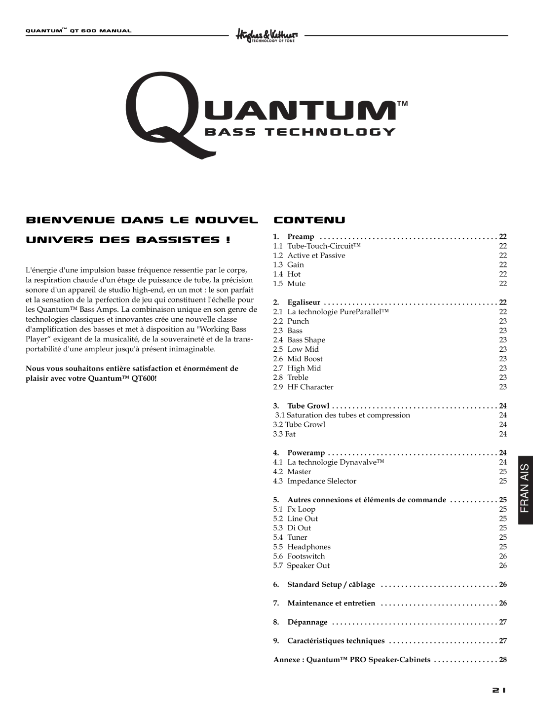 Quantum QT600 manual Bienvenue dans le nouvel Univers des bassistes, Egaliseur, Autres connexions et éléments de commande 