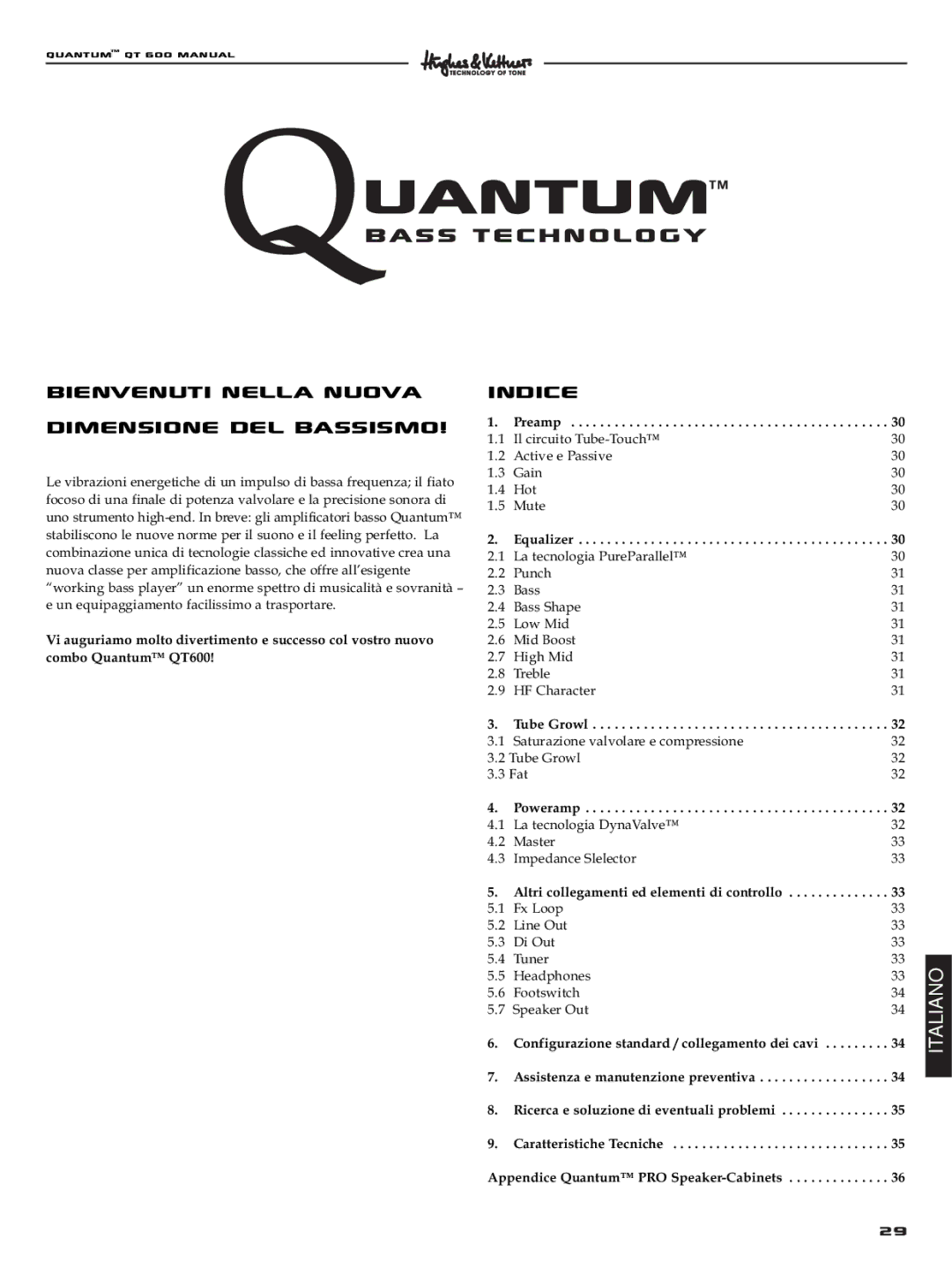 Quantum QT600 manual Bienvenuti nella nuova Dimensione del bassismo, Altri collegamenti ed elementi di controllo 