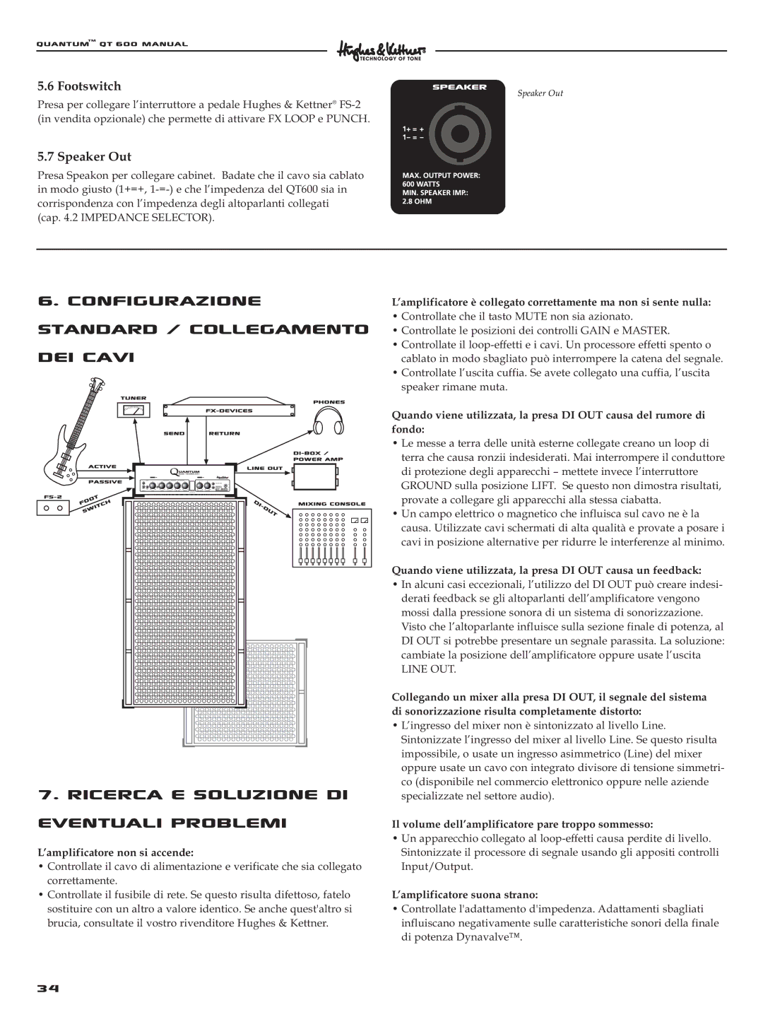 Quantum QT600 manual ’amplificatore non si accende, Quando viene utilizzata, la presa DI OUT causa un feedback 