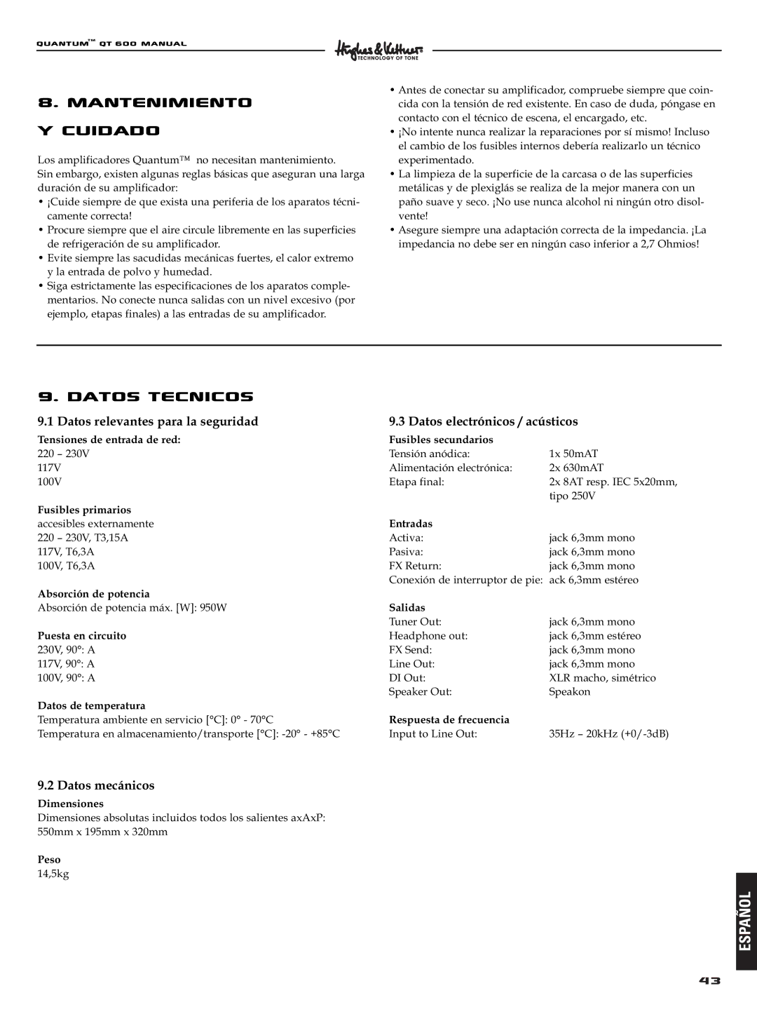 Quantum QT600 manual Mantenimiento y cuidado, Datos tecnicos, Datos mecánicos 