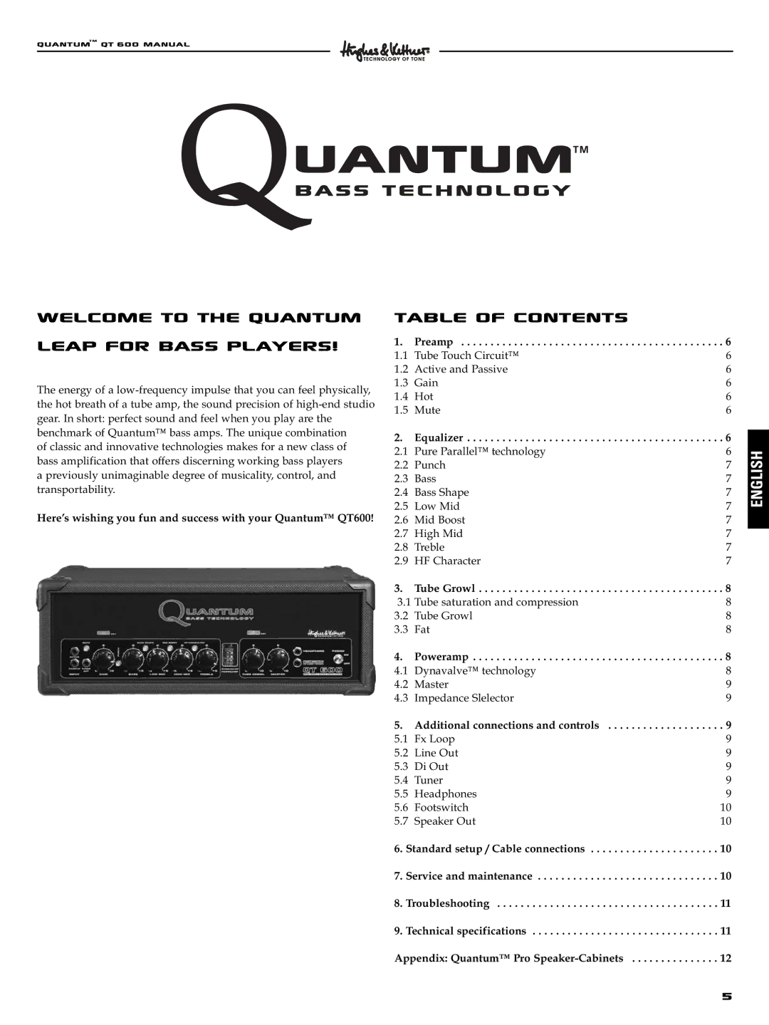 Quantum QT600 manual Welcome to the quantum Leap for bass players, Table of Contents 