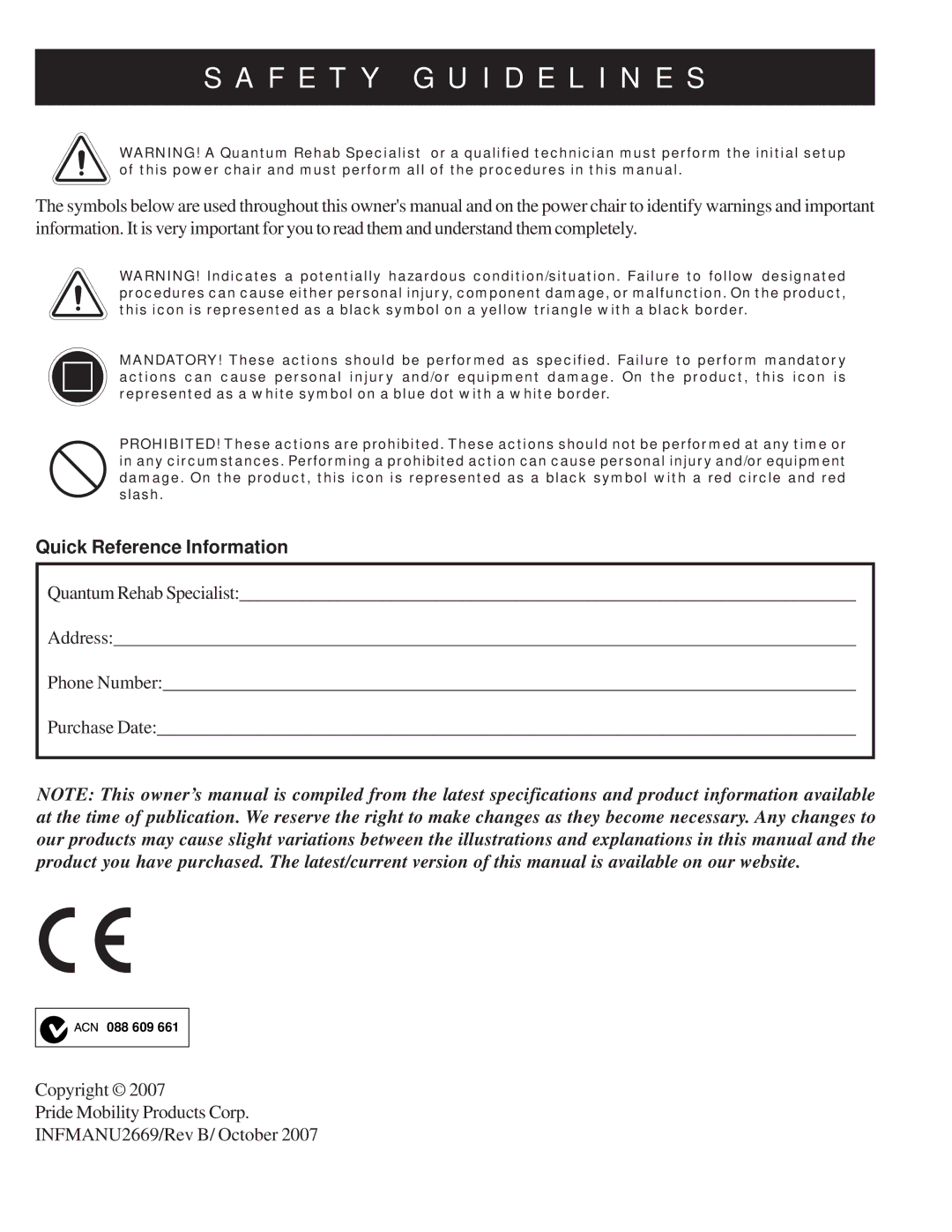 Quantum Quantum 1402 manual F E T Y G U I D E L I N E S, Quick Reference Information 