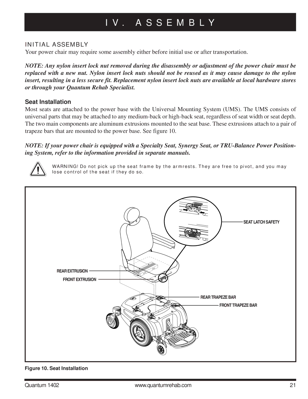 Quantum Quantum 1402 manual A S S E M B L Y, Initial Assembly, Seat Installation 