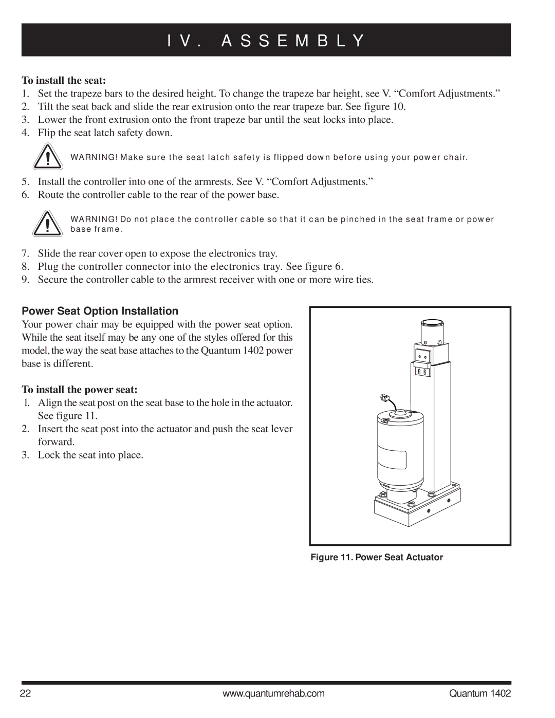 Quantum Quantum 1402 manual To install the seat, Power Seat Option Installation, To install the power seat 