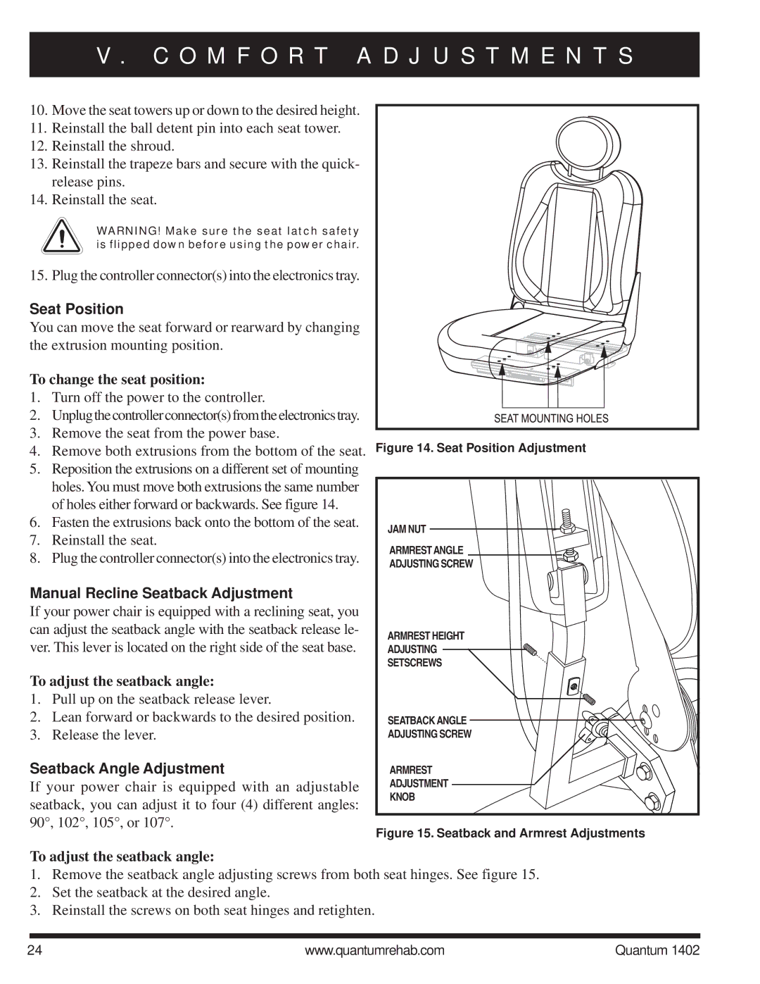 Quantum Quantum 1402 manual Seat Position, To change the seat position, Manual Recline Seatback Adjustment 