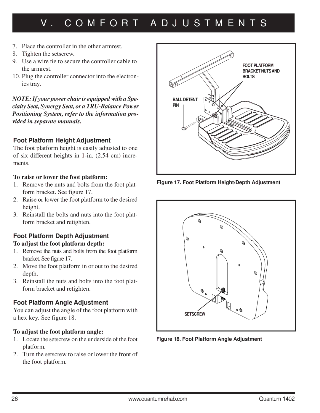 Quantum Quantum 1402 manual Foot Platform Height Adjustment, Foot Platform Depth Adjustment, Foot Platform Angle Adjustment 