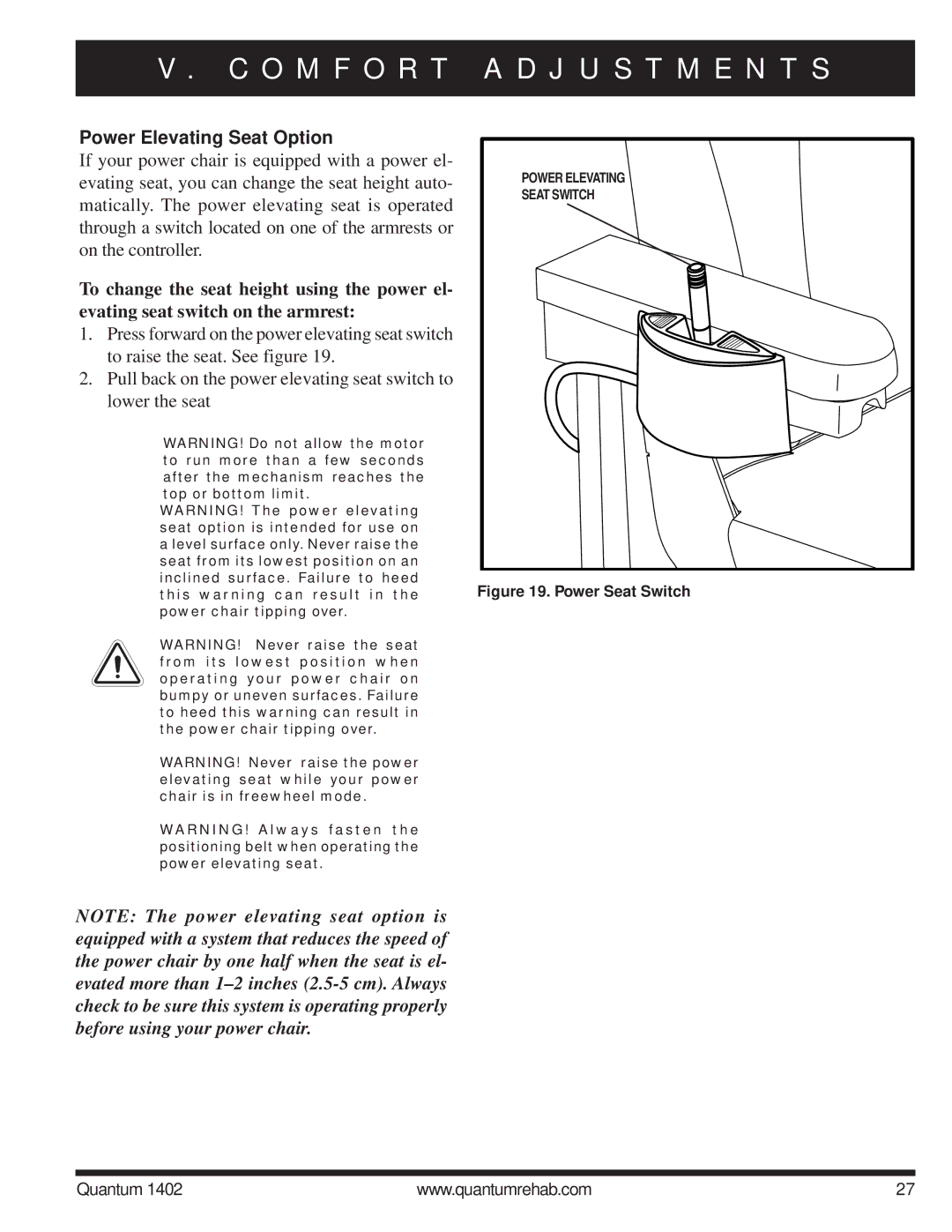 Quantum Quantum 1402 manual Power Elevating Seat Option, If your power chair is equipped with a power el 