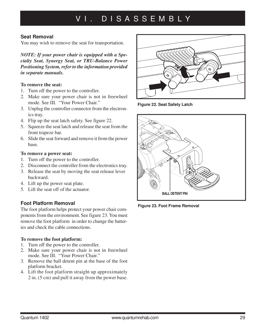 Quantum Quantum 1402 manual D I S a S S E M B L Y, Seat Removal, Foot Platform Removal 