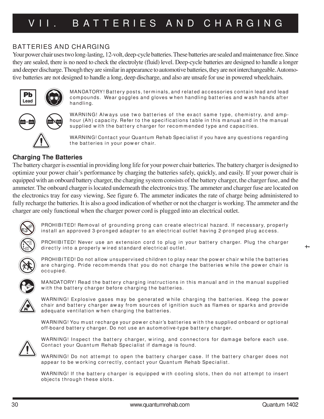 Quantum Quantum 1402 manual I . B a T T E R I E S a N D C H a R G I N G, Batteries and Charging, Charging The Batteries 