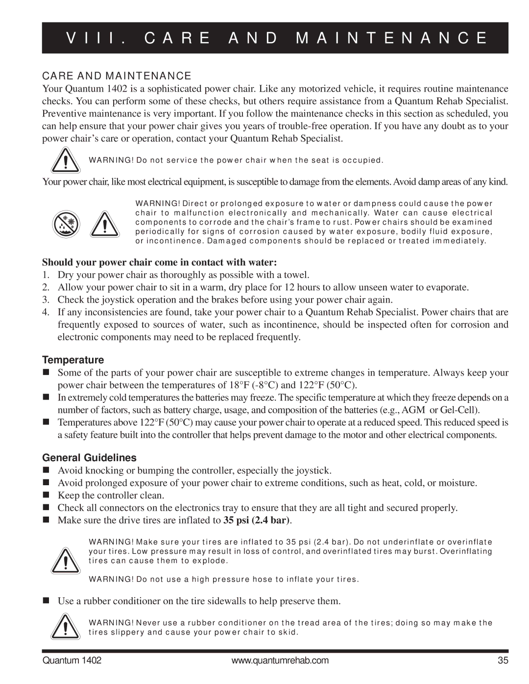 Quantum Quantum 1402 I I . C a R E a N D M a I N T E N a N C E, Care and Maintenance, Temperature, General Guidelines 