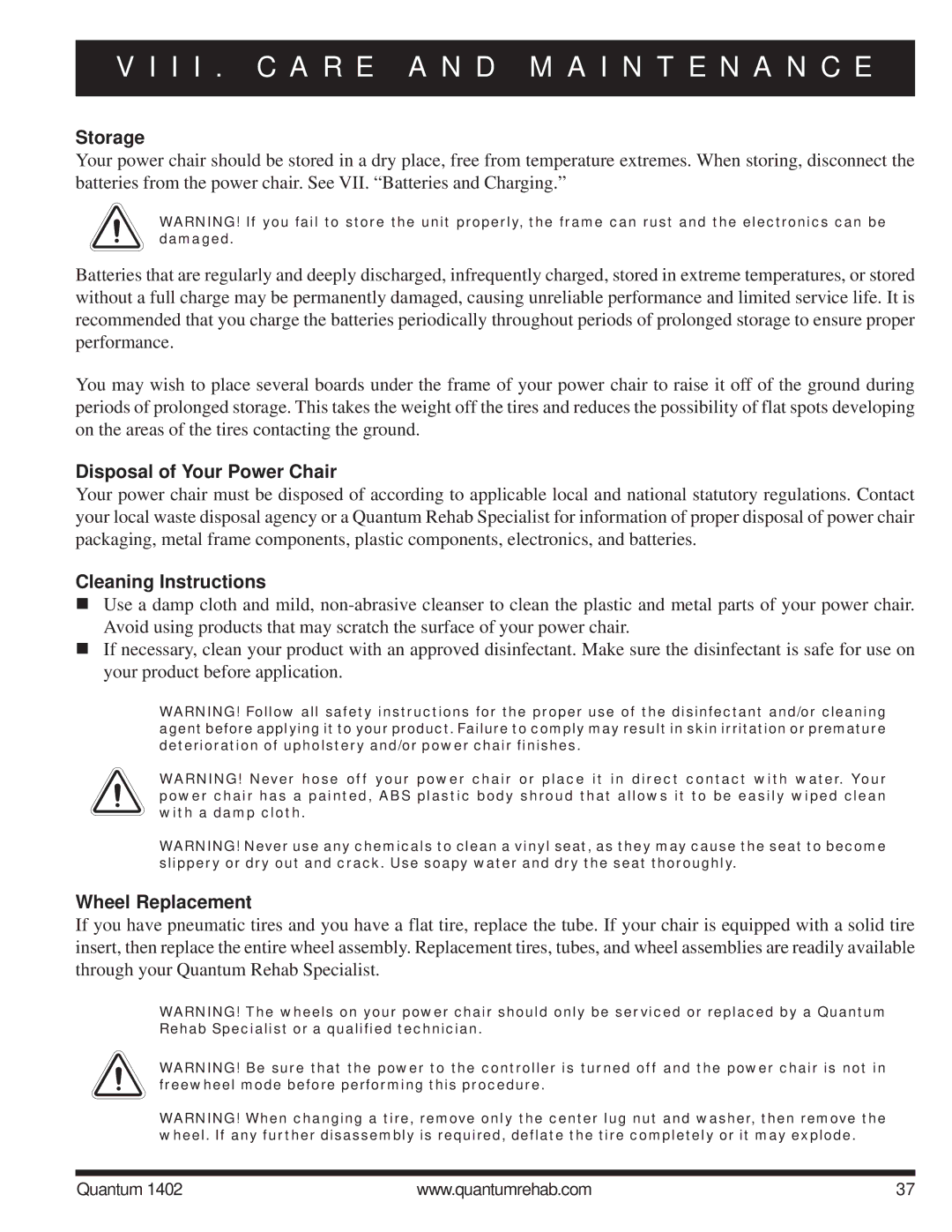 Quantum Quantum 1402 manual Storage, Disposal of Your Power Chair, Cleaning Instructions, Wheel Replacement 