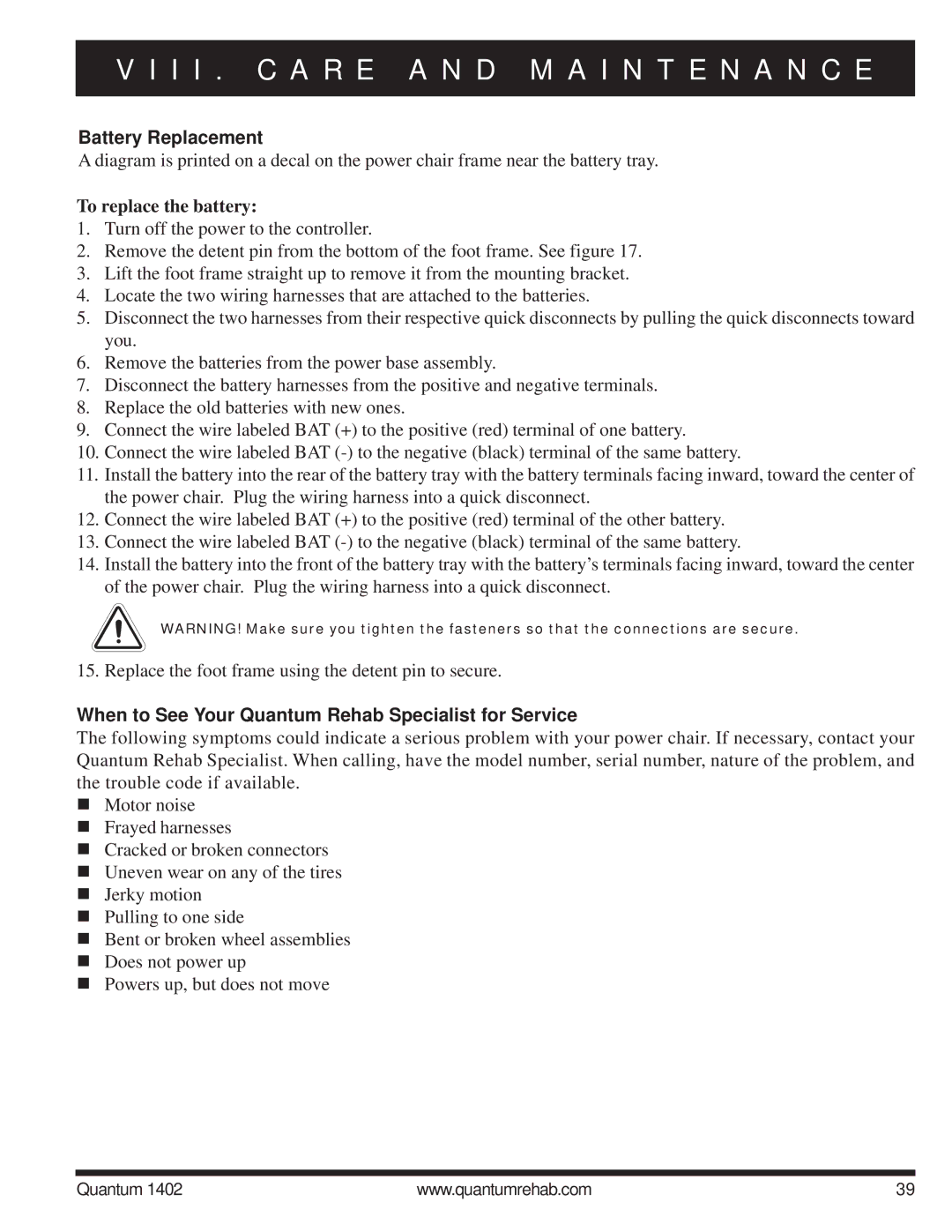 Quantum Quantum 1402 manual To replace the battery, When to See Your Quantum Rehab Specialist for Service 