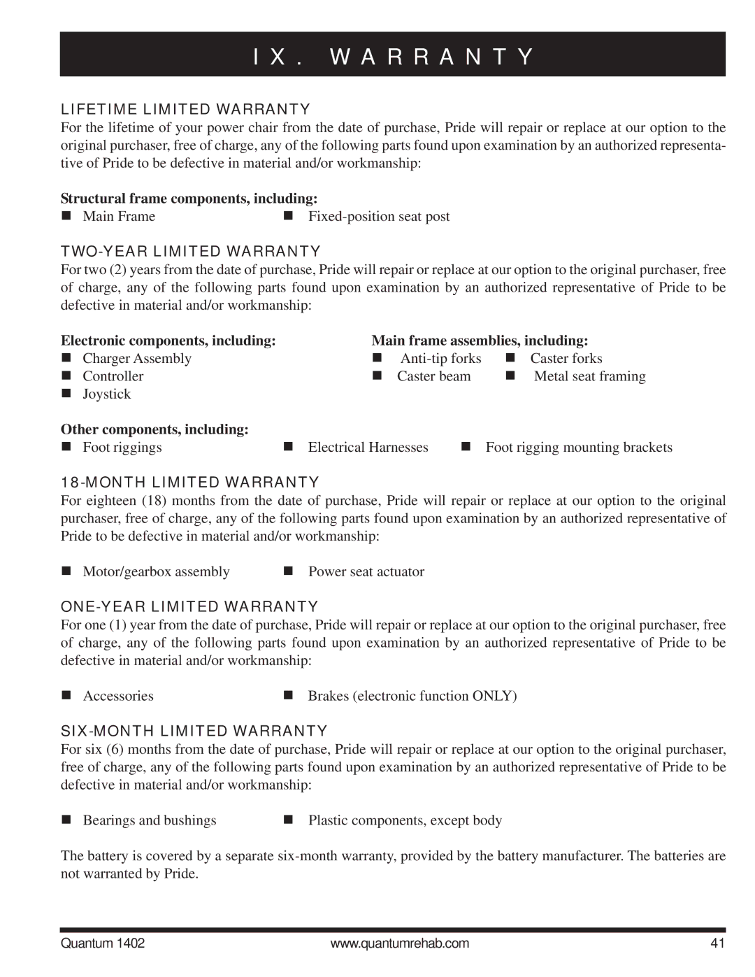 Quantum Quantum 1402 manual W a R R a N T Y 